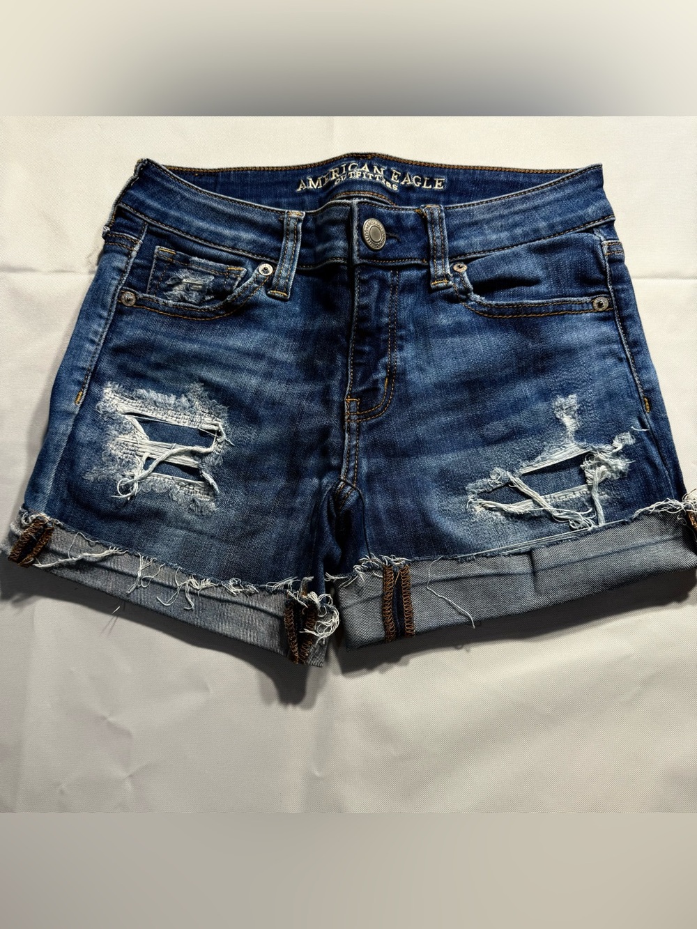 American Eagle Super Super Stretch X Distressed Denim Shorts Size 0